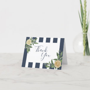 Navy Blue Stripe Watercolor Lemon Citrus Folded Thank You Card
