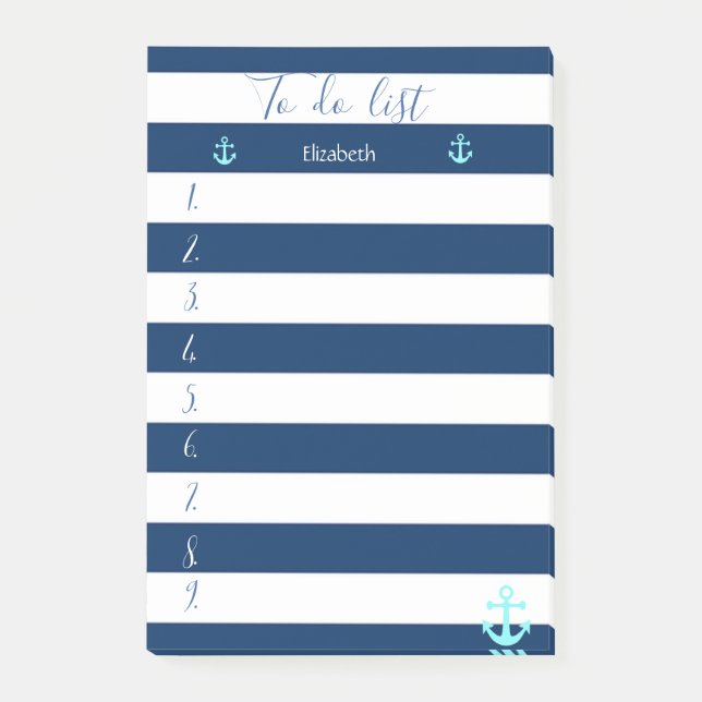 Navy Blue Striped, Anchor ,To do list Post-it Notes (Front)