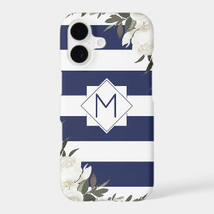 Navy Blue Striped Floral Monogram with White Roses