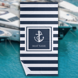 Navy Blue Striped Nautical Anchor Boat Name Beach Towel