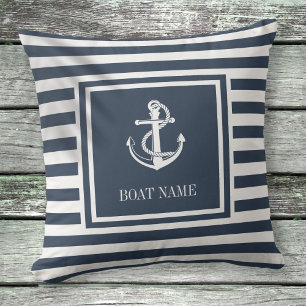 Navy Blue Striped Nautical Anchor Boat Name Cushion