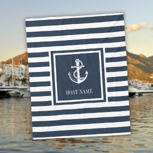 Navy Blue Striped Nautical Anchor Boat Name Fleece Blanket