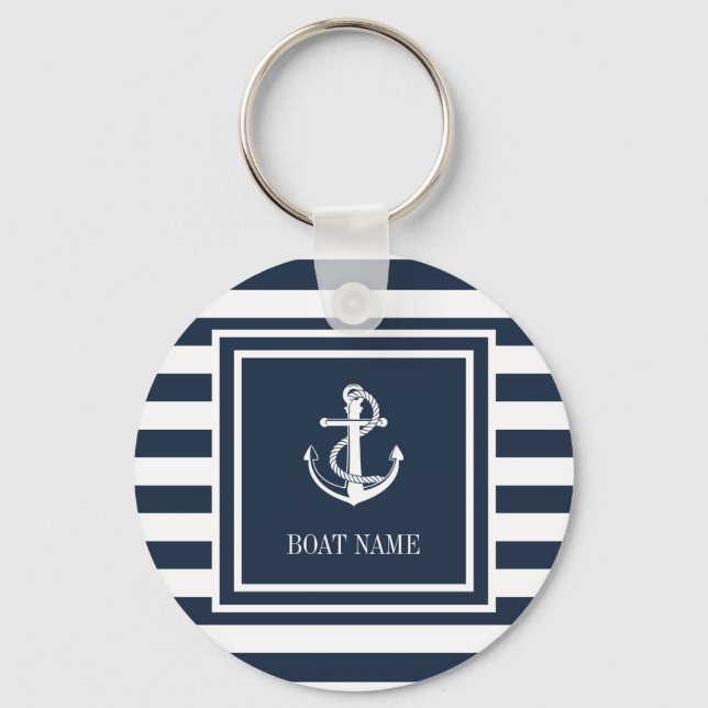 Navy Blue Striped Nautical Anchor Boat Name Key Ring (Front)