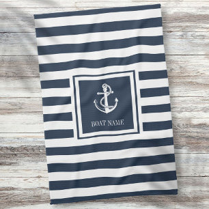 Navy Blue Striped Nautical Anchor Boat Name Tea Towel