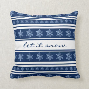 Navy Blue Striped Snowflake Let it Snow Pillow