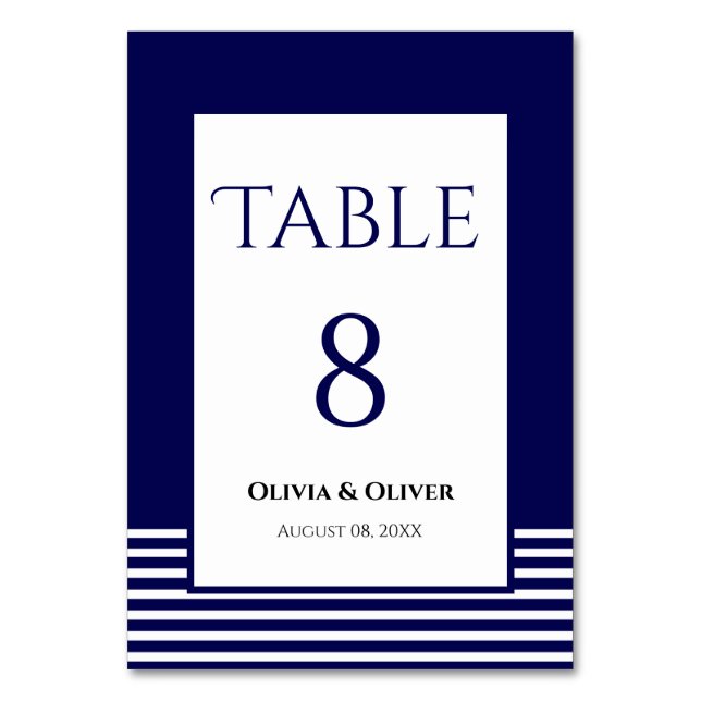 Navy Blue Striped Wedding Table Number (Front)