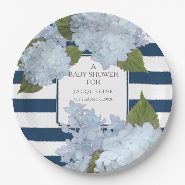 Navy Blue Striped White Hydrangea Floral Baby Paper Plate (Front)