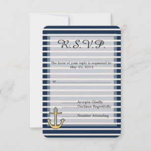 Navy Blue Stripes Anchor  Wedding RSVP Card