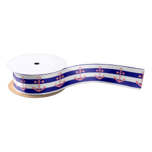 Navy Blue Stripes and Blush Pink Nautical Anchor Satin Ribbon