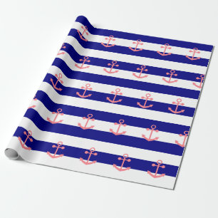 Navy Blue Stripes and Blush Pink Nautical Anchor Wrapping Paper