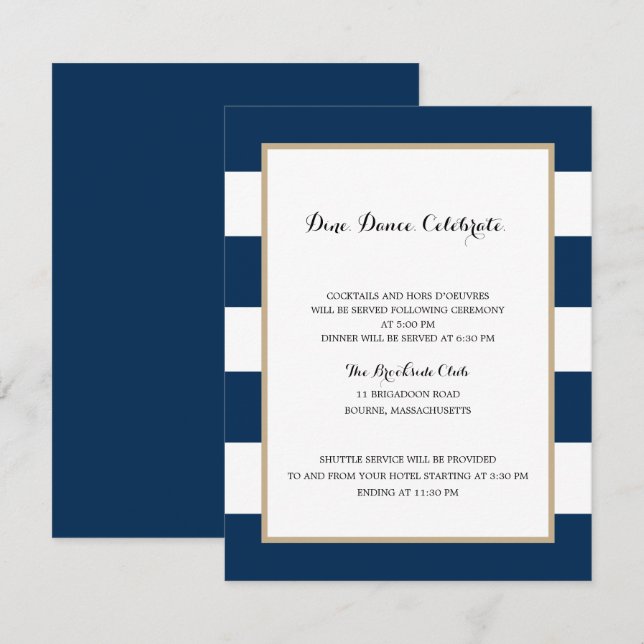 Navy Blue Stripes and Gold | Reception Invitation (Front/Back)