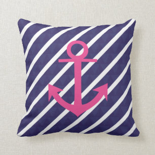 Navy Blue Stripes And Hot Pink Anchor Design Cushion