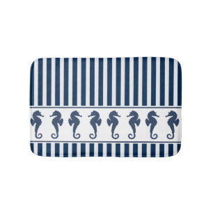 Navy Blue Stripes and Sea Horses Bath Mat