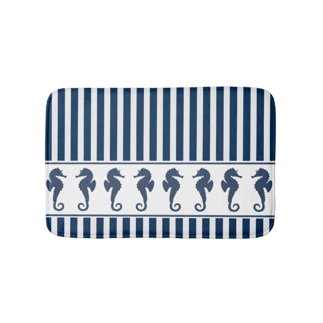 Navy Blue Stripes and Sea Horses Bath Mat (Front)