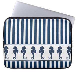 Navy Blue Stripes and Sea Horses Laptop Sleeve