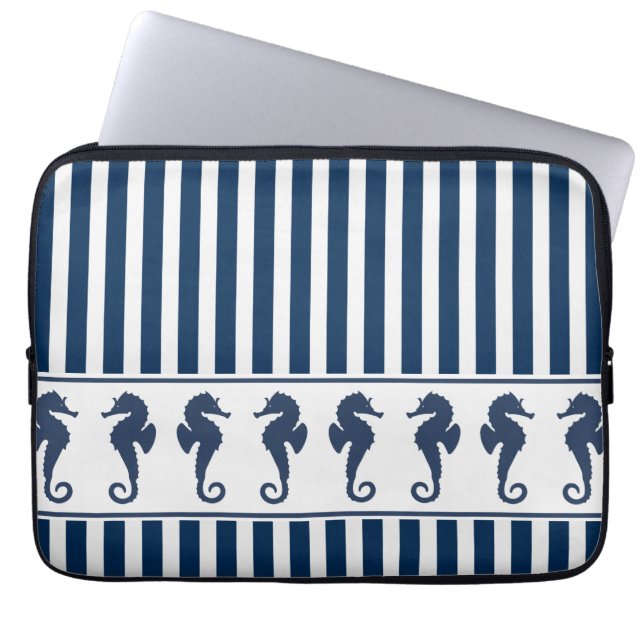 Navy Blue Stripes and Sea Horses Laptop Sleeve (Front)