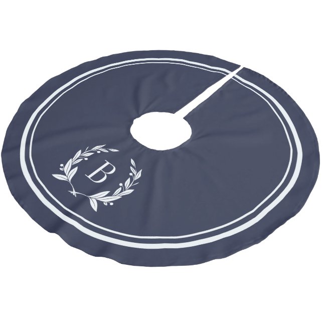 Navy Blue Stripes and Wreath Monogram Tree Skirt (Angled)