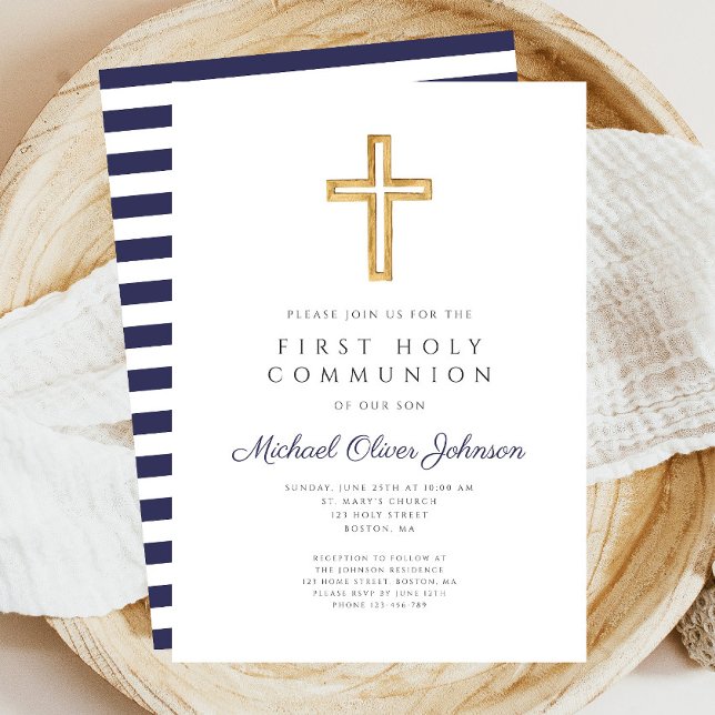 Navy Blue Stripes Boy First Communion Invitation (Navy Blue Stripes Boy First Communion Invitation)