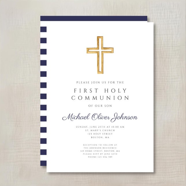 Navy Blue Stripes Boy First Communion Invitation (Navy Blue Stripes Boy First Communion Invitation)