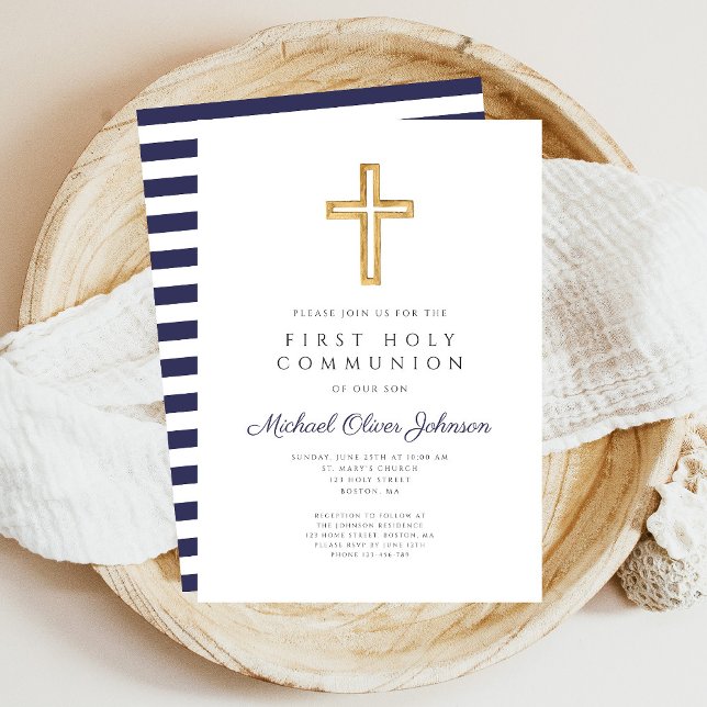 Navy Blue Stripes Boy First Communion Invitation (Navy Blue Stripes Boy First Communion Invitation)