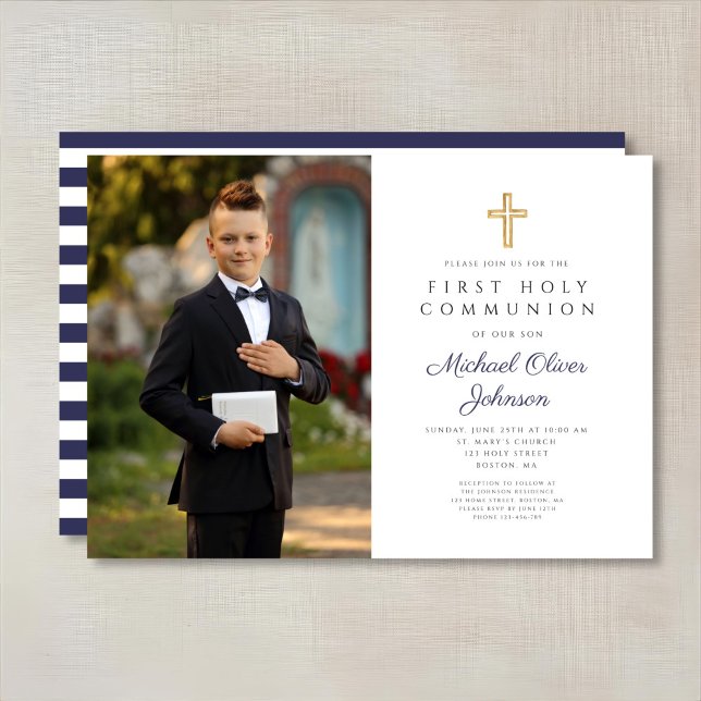 Navy Blue Stripes Boy First Communion Photo Invitation (Navy Blue Stripes Boy First Communion Photo Invitation)