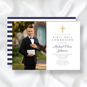 Navy Blue Stripes Boy First Communion Photo Invitation
