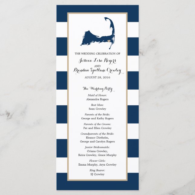 Navy Blue Stripes Cape Cod Map | Ceremony Program (Front)
