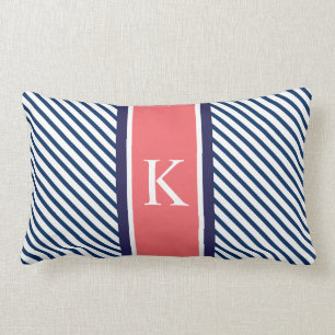 Navy Blue Stripes & Coral Monogram Lumbar Cushion