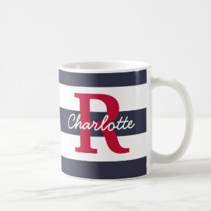 Navy Blue Stripes Crimson Monogram Coffee Mug