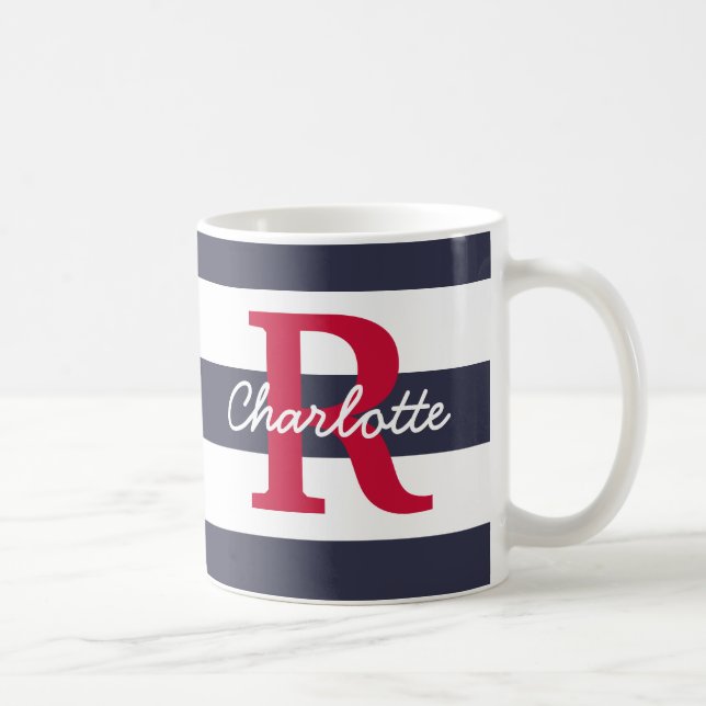 Navy Blue Stripes Crimson Monogram Coffee Mug (Right)