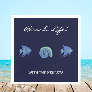 Navy Blue Stripes Family Name Fish Beach House Napkin