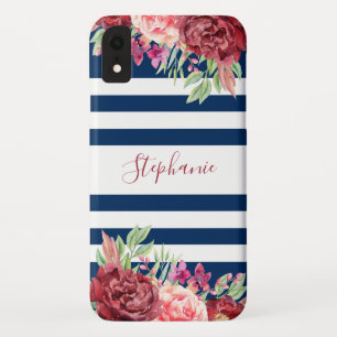 Navy Blue Stripes Floral Monogram iPhone XR Case