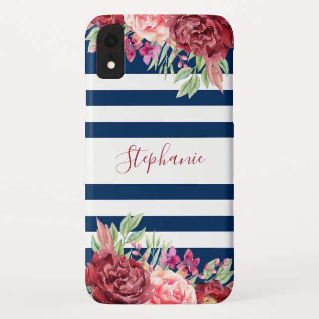 Navy Blue Stripes Floral Monogram Case-Mate iPhone Case (Back)