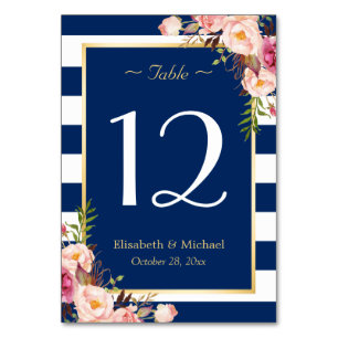 Navy Blue Stripes Floral Wedding Table Number