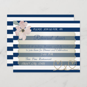 Navy Blue Stripes Flower,Wedding Rehearsal Dinner Invitation