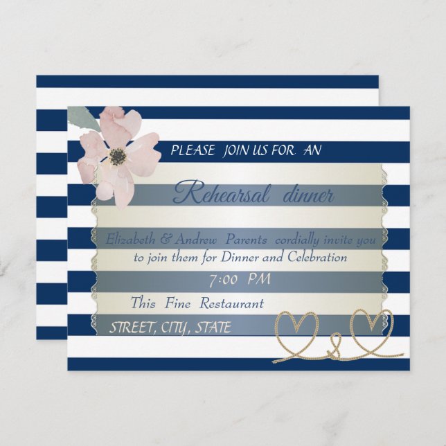 Navy Blue Stripes Flower,Wedding Rehearsal Dinner Invitation (Front/Back)