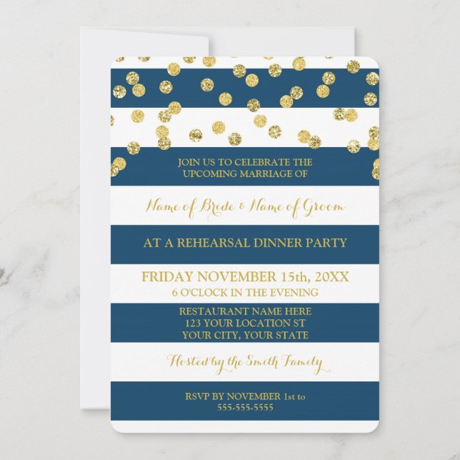 Navy Blue Stripes Gold Dots Rehearsal Dinner Party Invitation (Back)