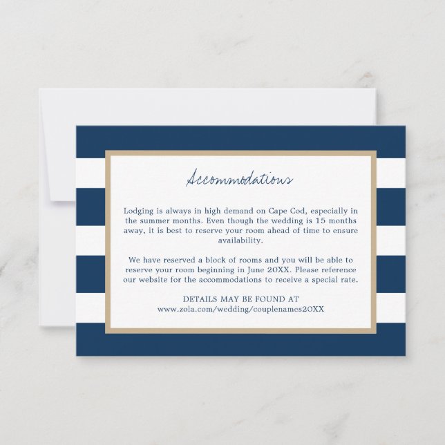 Navy Blue Stripes Gold Trim Wedding Accommodations Save The Date (Front)
