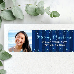 Navy blue stripes graduation photo modern address return address label