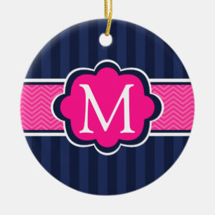 Navy Blue Stripes Hot Pink Custom Monogram Ceramic Tree Decoration