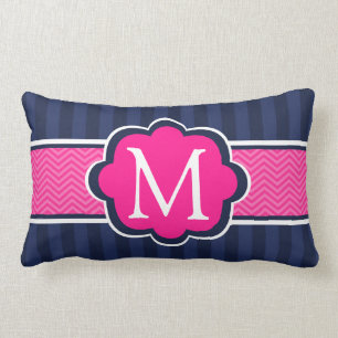 Navy Blue Stripes Hot Pink  Custom Monogram Lumbar Cushion