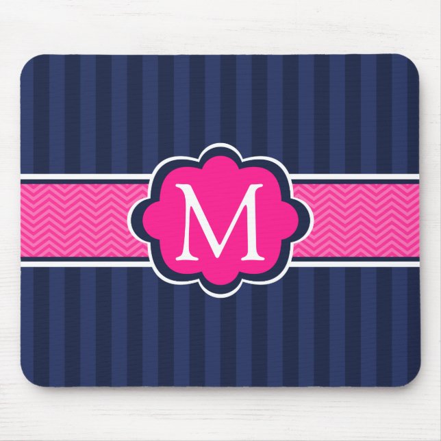 Navy Blue Stripes Hot Pink Custom Monogram Mouse Pad (Front)