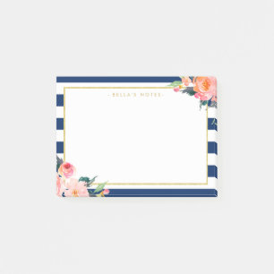 Navy Blue Stripes Modern Flowers Gold Frame Post-it Notes