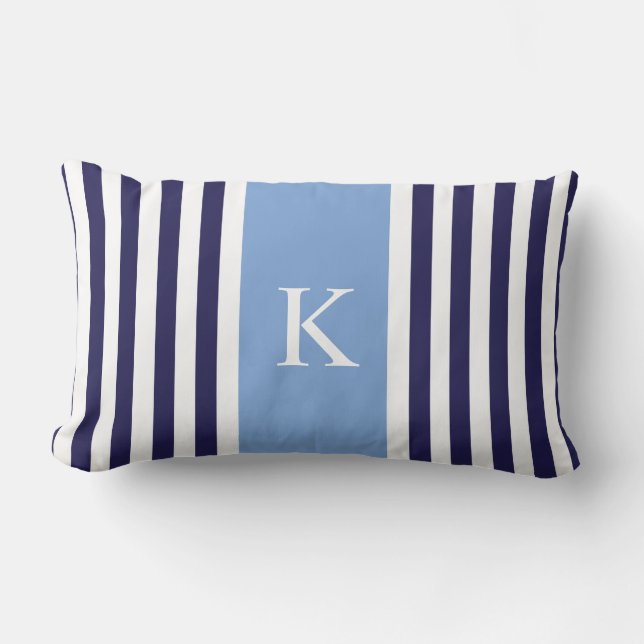 Navy Blue Stripes Monogram Lumbar Cushion (Front)