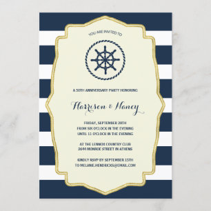 Navy Blue Stripes   Nautical Anniversary Party Invitation