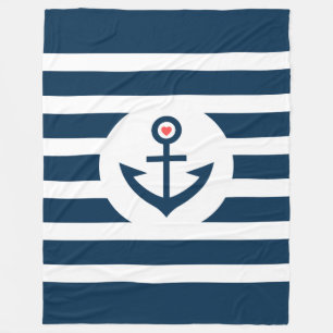 Navy-Blue Stripes & Nautical Boat Anchor Fleece Blanket