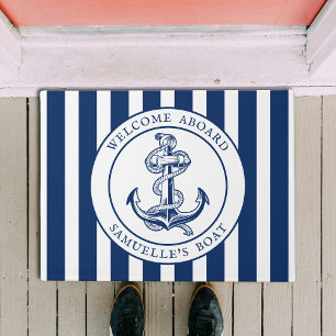 Navy Blue Stripes Nautical Boat Name Anchor Rope Doormat