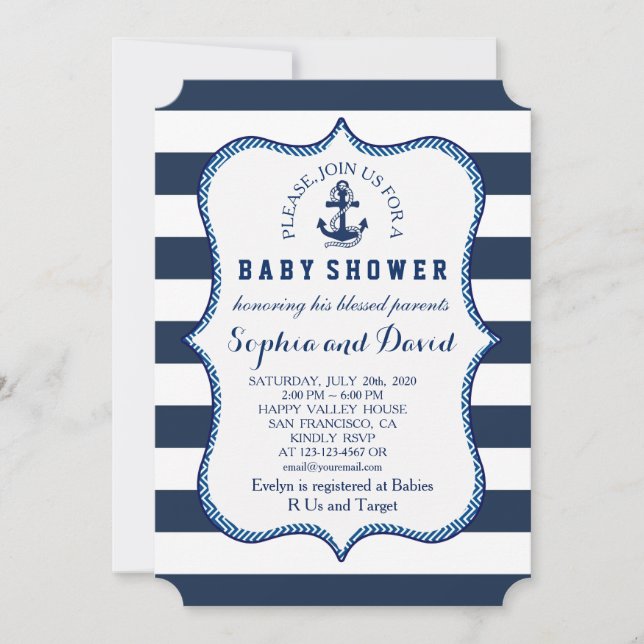 Navy Blue Stripes Nautical Theme BABY SHOWER Invitation (Front)