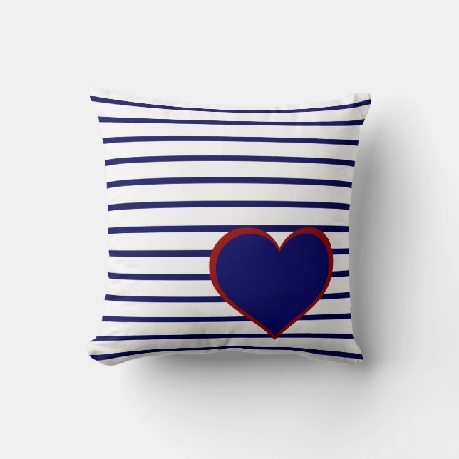 Navy Blue Stripes on White w/ Navy/Red Heart Cushion (Front)