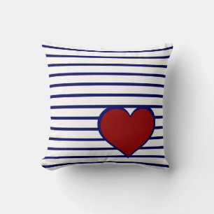 Navy Blue Stripes on White w/ Navy/Red Heart Cushion
